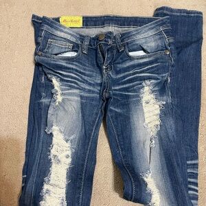 Machine Distressed Blue Skinny Jeans